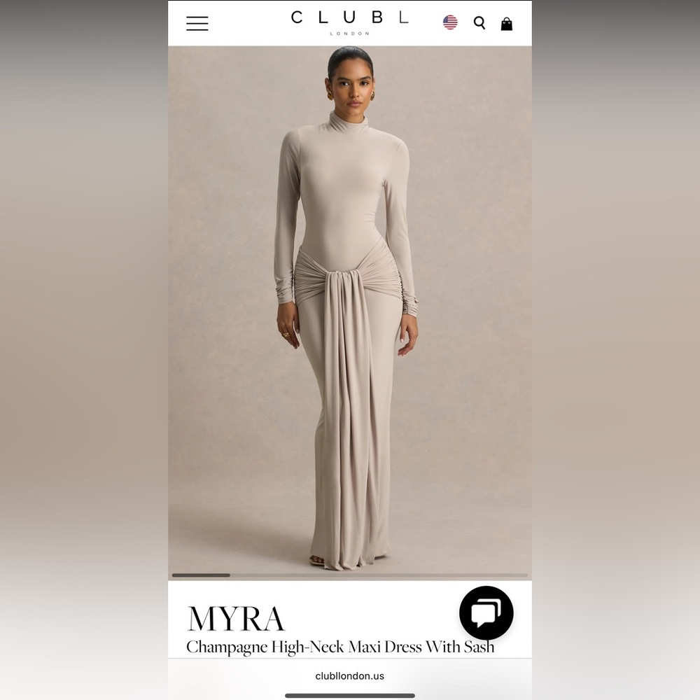 Club L London Myra Long-Sleeve High-Neck Maxi Dress in Champagne Beige